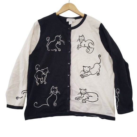 C.J. Banks Y2K Cat Embroidered Button Up Cardigan Sweater 1X Novelty Whimsical - Picture 1 of 6